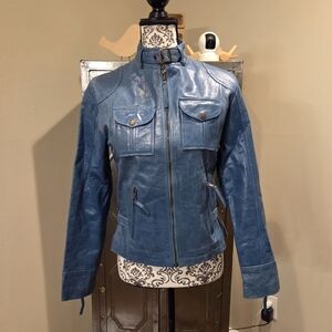 SOLD New York Leather Company Blue Moto Buckle Jacket Size SMALL